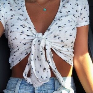 Brandy Melville White Thermal Wrap Top Blue Ditsy Florals — One Size